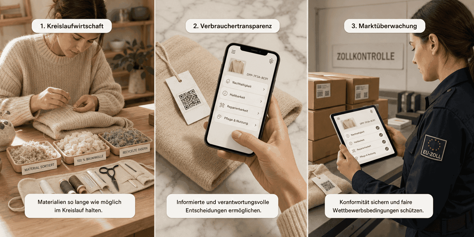 Drei-Panel-Komposition, die die drei Ziele des EU-Digitalen-Produktpasses zeigt — Kreislaufwirtschaft mit Textilreparatur, Verbrauchertransparenz per Smartphone-Scan und Marktüberwachung durch den EU-Zoll