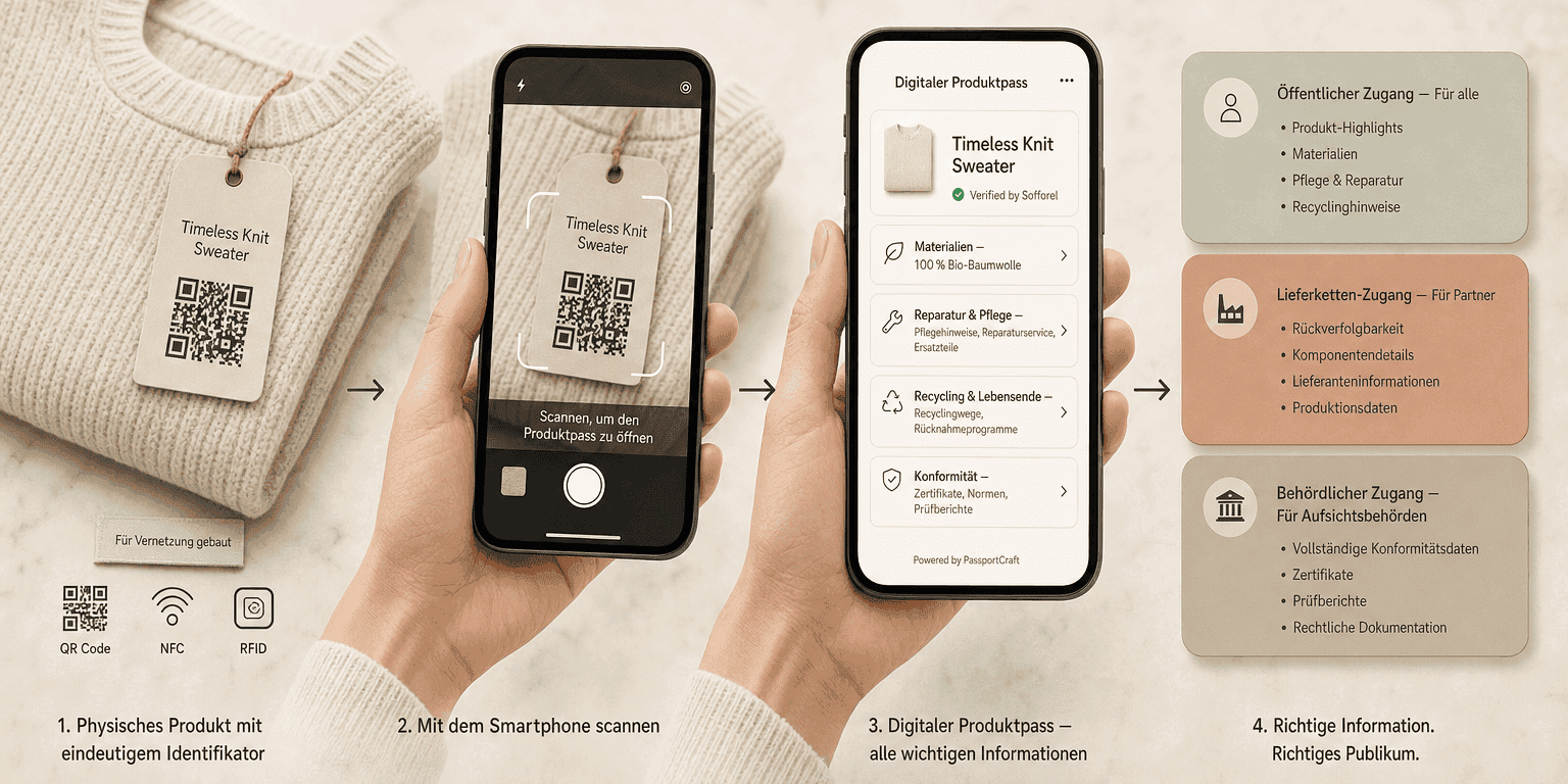 Vier-Schritte-Ablauf von einem physischen Produkt mit QR-Code-Anhänger über das Smartphone-Scannen und die Digitale-Produktpass-Oberfläche bis zu drei Zugangsstufen — Öffentlich, Lieferkette, Behörde
