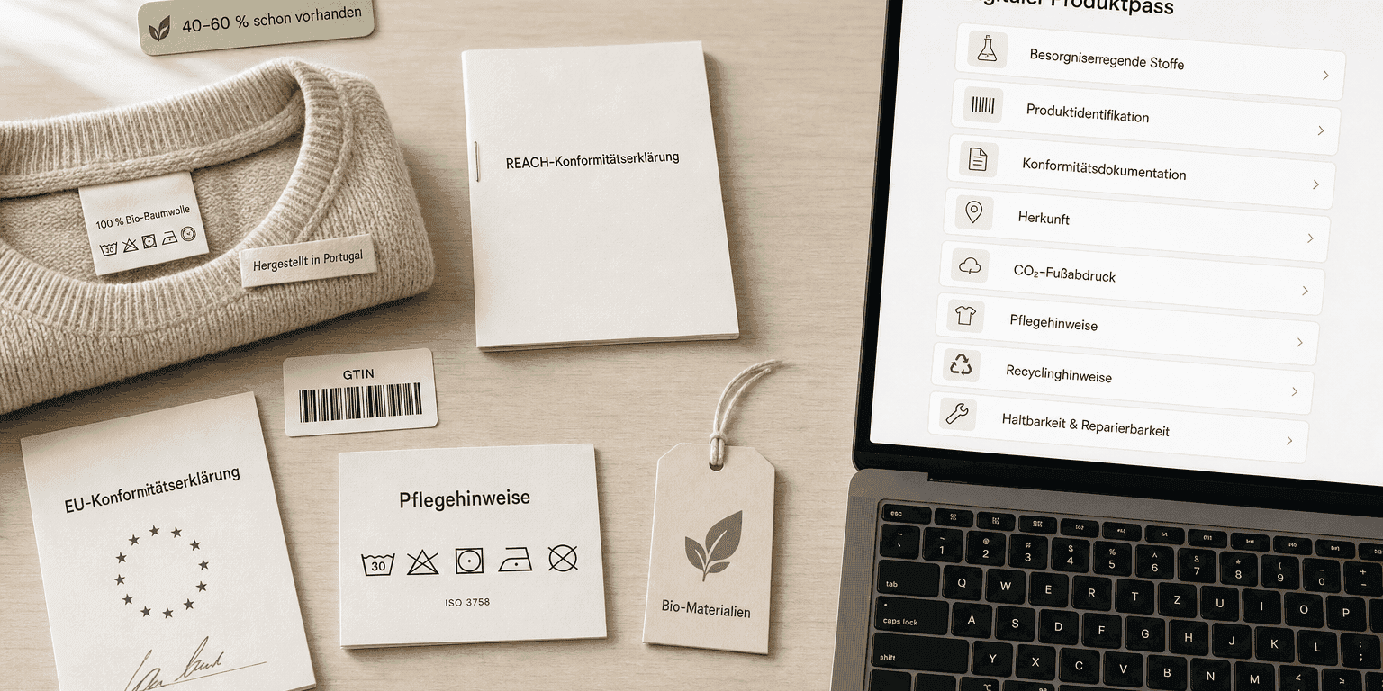 Schreibtischszene mit bestehenden Konformitätsdokumenten — REACH-Erklärung, EU-Konformitätserklärung, GTIN-Barcode, ISO-3758-Pflegesymbole und einem Bio-Materialien-Anhänger — neben einem Laptop mit dem Dashboard eines Digitalen Produktpasses und einer Plakette mit der Aufschrift „40–60 % sind bereits vorhanden“