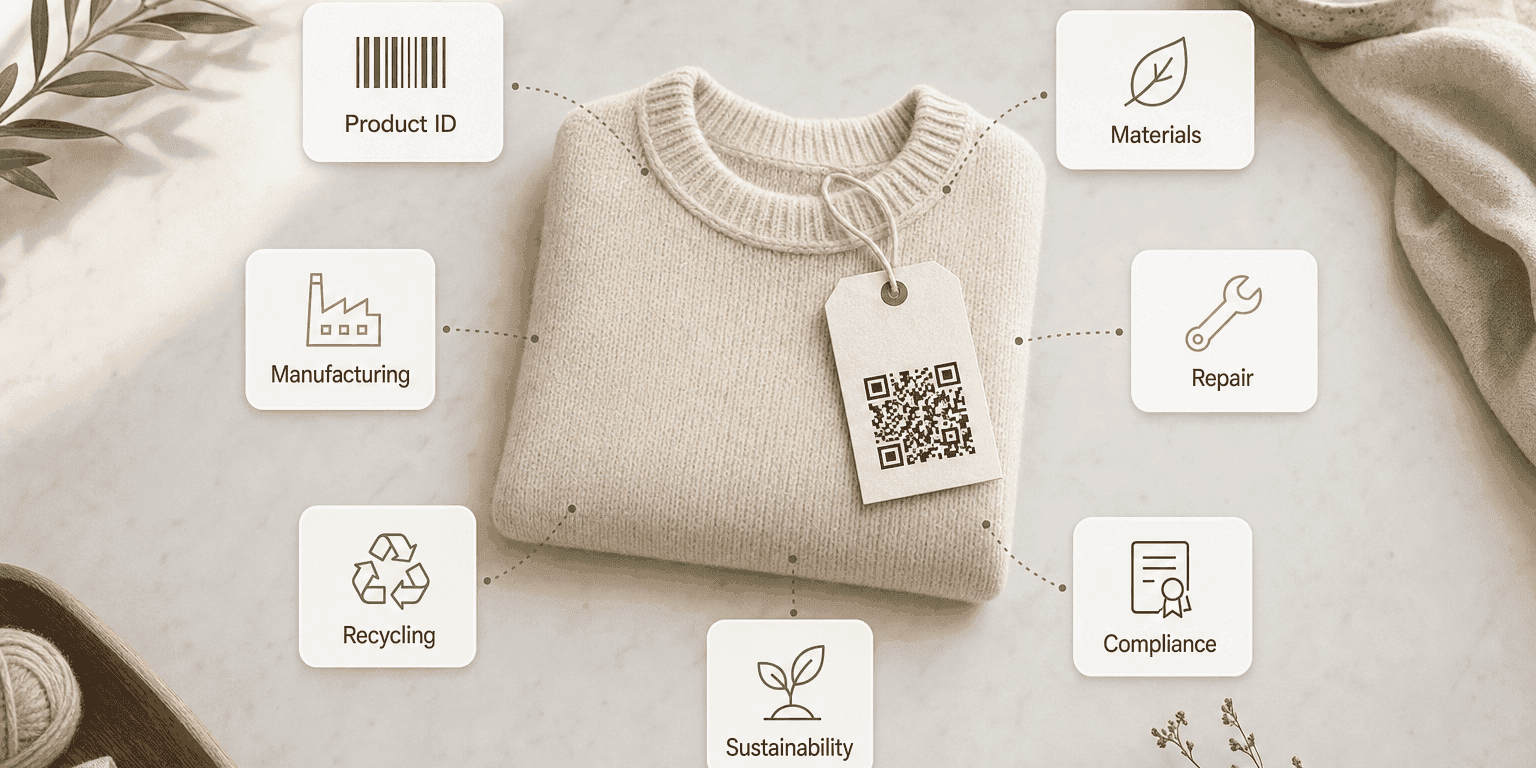 Folded cream knit sweater on a marble surface with a QR-code hangtag, surrounded by seven labeled cards showing Product ID, Materials, Manufacturing, Repair, Recycling, Compliance, and Sustainability