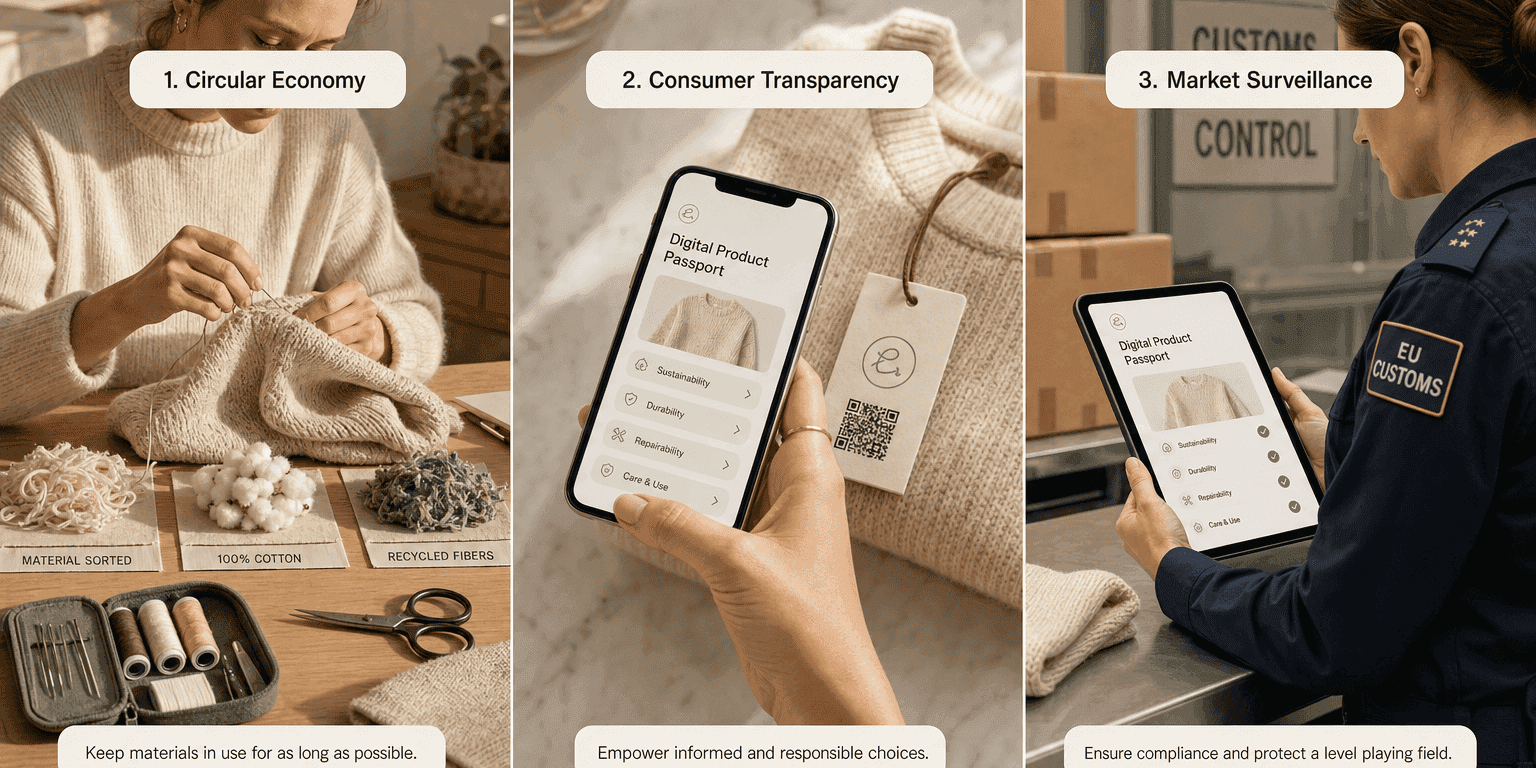 Three-panel composition showing the three goals of the EU Digital Product Passport — circular economy with textile repair, consumer transparency via smartphone scanning, and market surveillance by EU customs