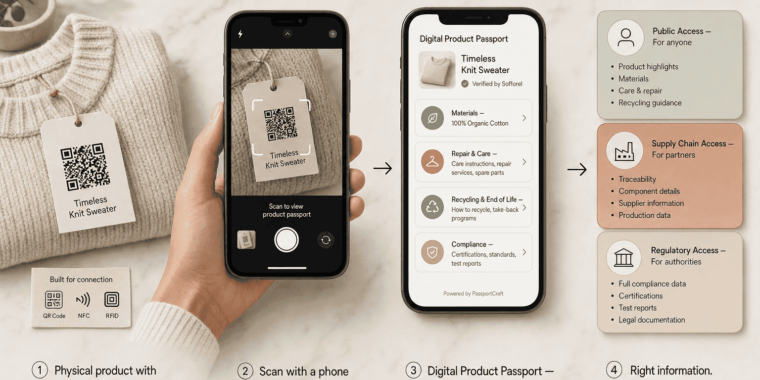 Four-step flow from a physical product with a QR-coded hangtag, to a smartphone scan, to a Digital Product Passport interface, to three access tiers — Public, Supply Chain, and Regulatory