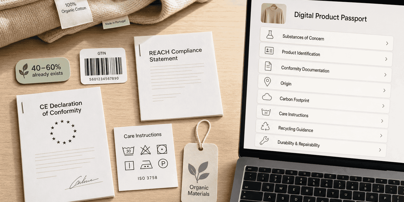Desk scene showing existing compliance documents — a REACH compliance statement, CE declaration of conformity, GTIN barcode, ISO 3758 care symbols, and an organic materials hangtag — alongside a laptop showing a Digital Product Passport dashboard, with a sage chip reading 40–60% already exists