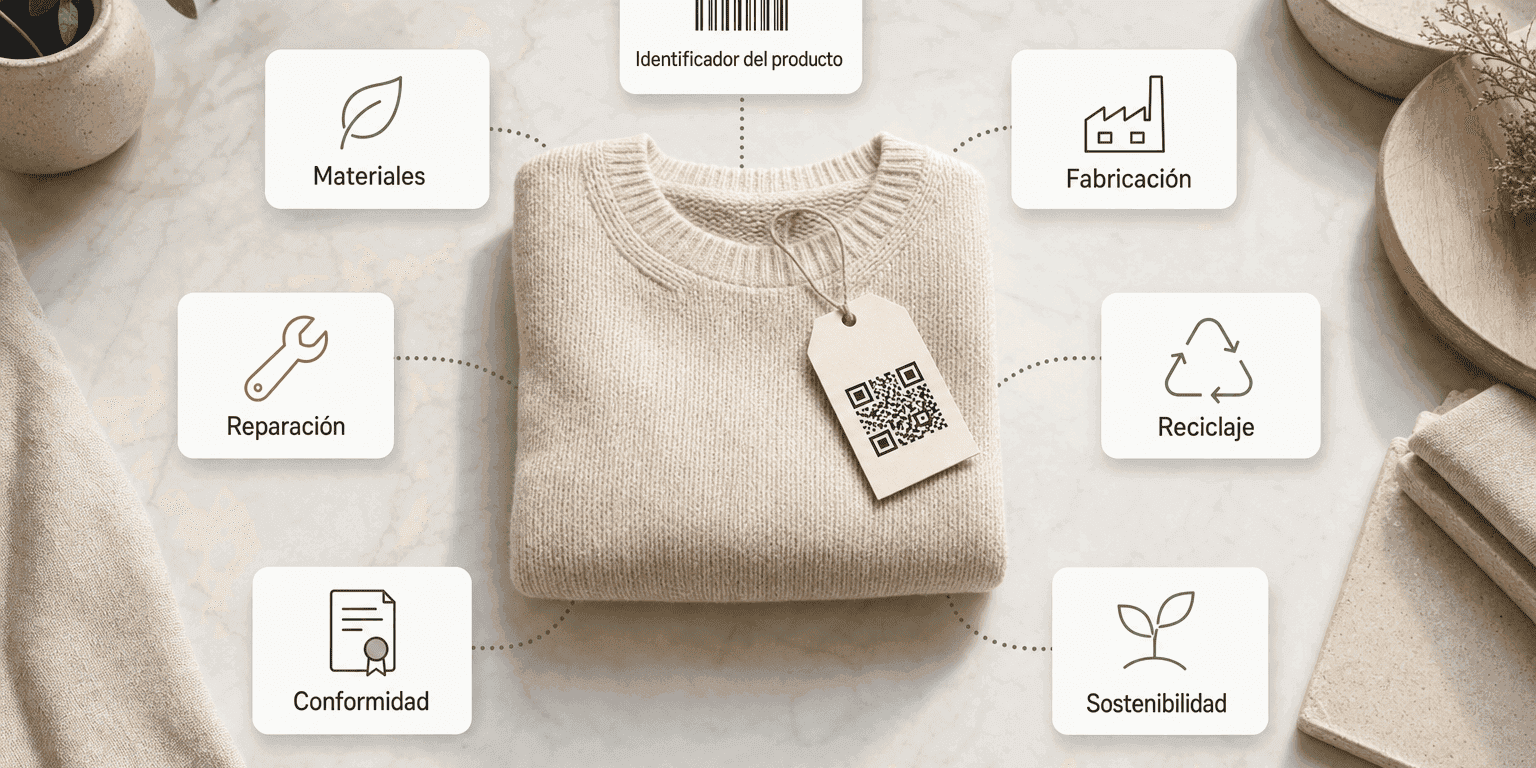Jersey de punto en color crema doblado sobre una superficie de mármol con una etiqueta de código QR, rodeado de siete tarjetas etiquetadas que muestran las siete categorías de información de un pasaporte digital de producto