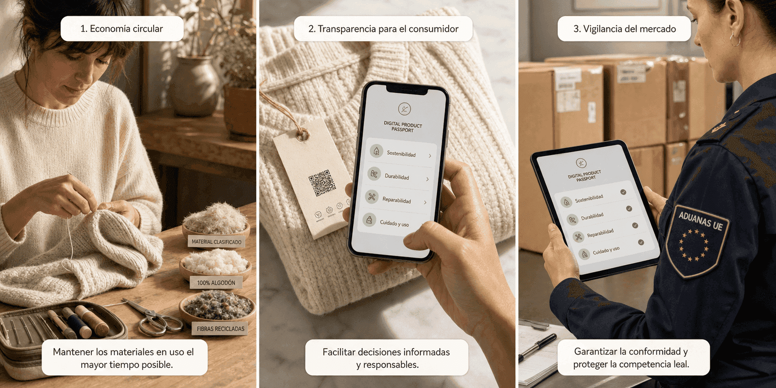 Composición de tres paneles que ilustra los tres objetivos del pasaporte digital de producto de la UE — economía circular con reparación textil, transparencia para el consumidor mediante escaneo con smartphone y vigilancia del mercado por la aduana de la UE