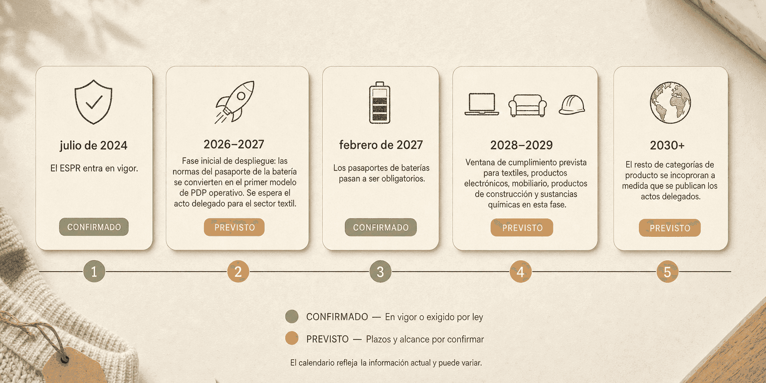 Línea temporal horizontal con cinco hitos del pasaporte digital de producto bajo el ESPR — de julio de 2024 a 2030+ — con etiquetas de estado CONFIRMADO y PREVISTO