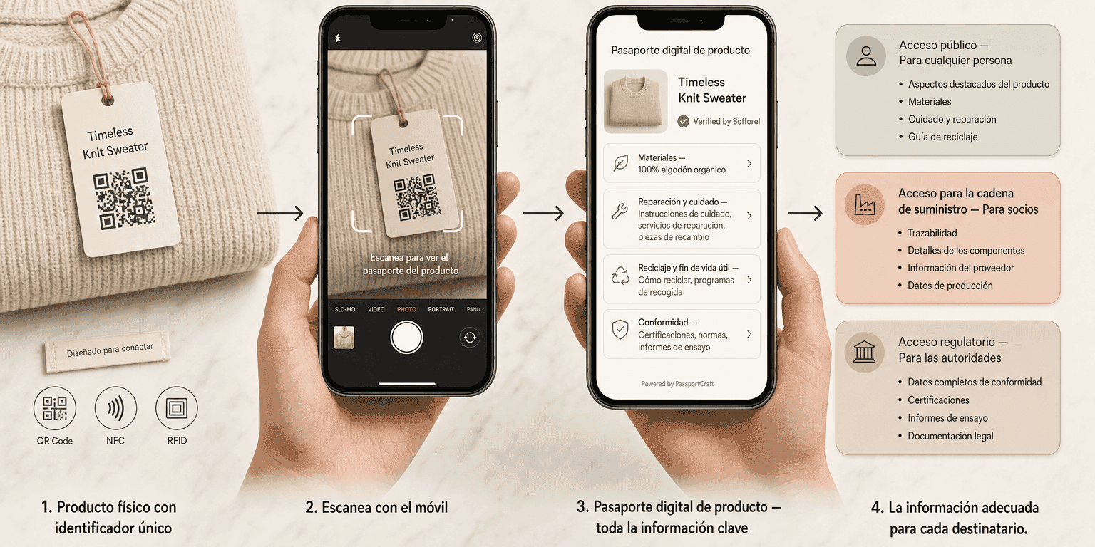 Flujo de cuatro pasos: producto físico con etiqueta QR, escaneo con smartphone, interfaz del pasaporte digital de producto y tres niveles de acceso — Público, Cadena de suministro y Autoridades