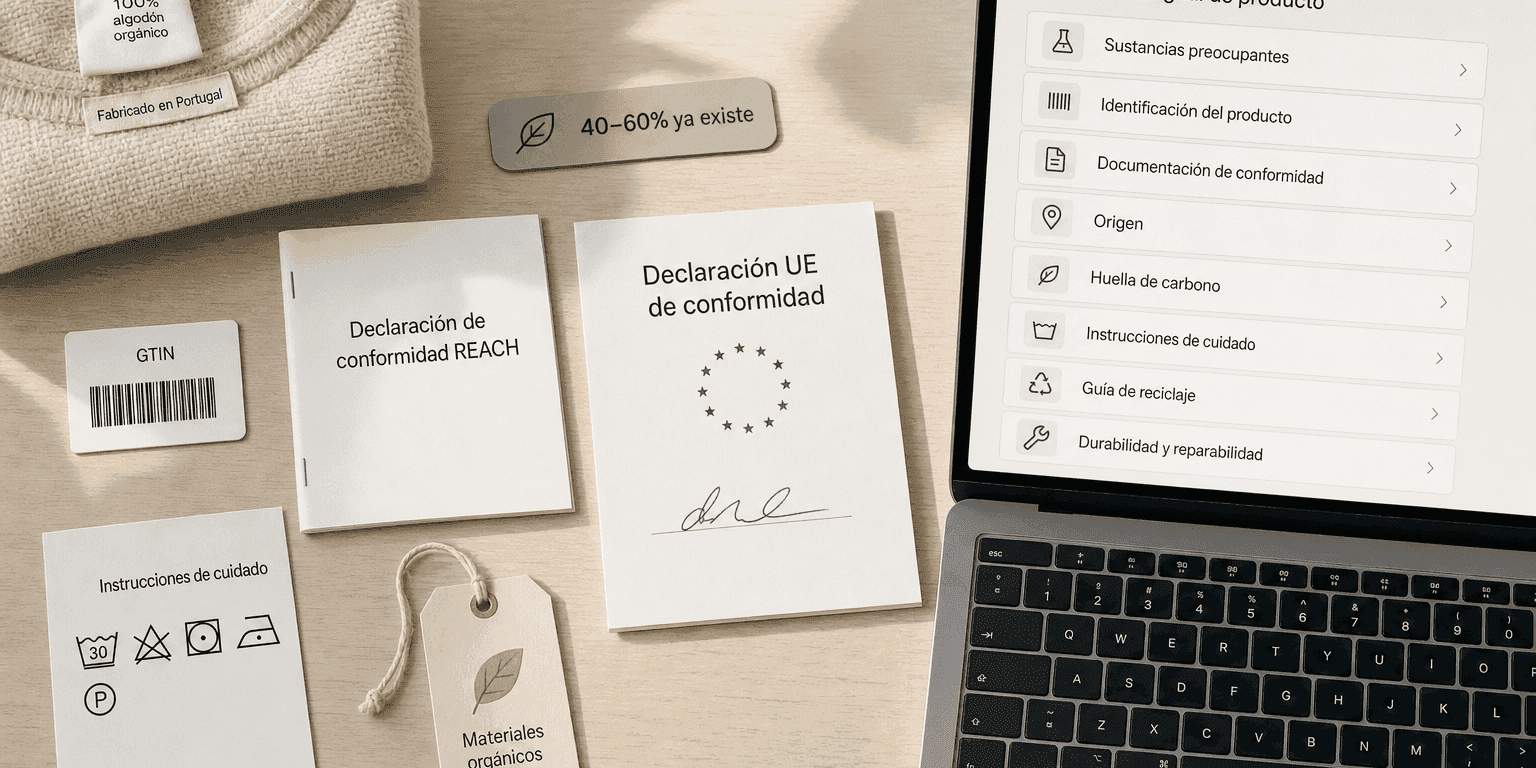 Escena de escritorio con documentos de conformidad existentes — declaración REACH, declaración UE de conformidad, código de barras GTIN, símbolos de cuidado ISO 3758 y una etiqueta de materiales orgánicos — junto a un portátil que muestra el panel de un pasaporte digital de producto, con un sello que dice «40–60 % ya existe»