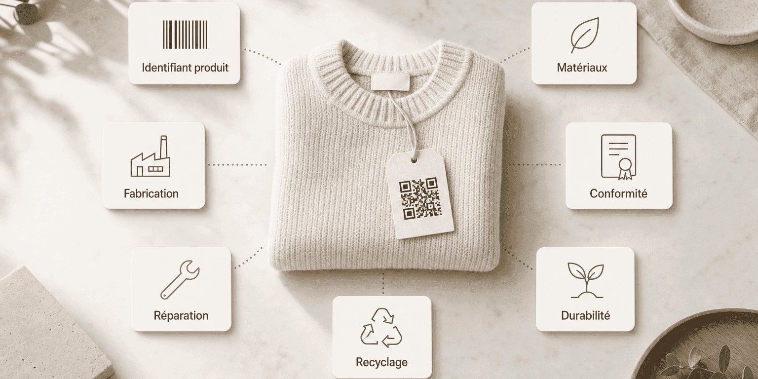 Pull en maille crème plié sur une surface en marbre avec une étiquette à code QR, entouré de sept fiches étiquetées présentant les sept catégories d'information d'un passeport numérique de produit
