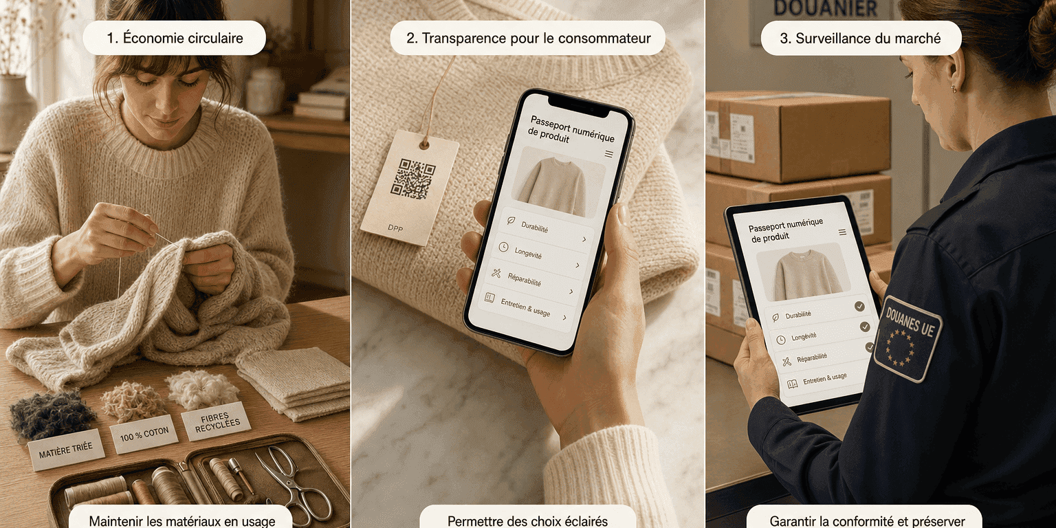 Composition à trois panneaux illustrant les trois objectifs du passeport numérique de produit de l'UE — économie circulaire avec réparation textile, transparence pour le consommateur via le scan smartphone, et surveillance du marché par la douane de l'UE