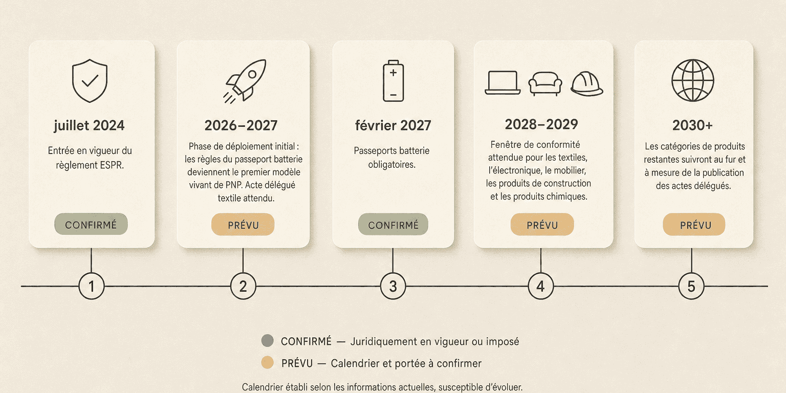 Frise chronologique horizontale présentant cinq étapes clés du passeport numérique de produit ESPR — de juillet 2024 à 2030+ — avec les statuts CONFIRMÉ et PRÉVU