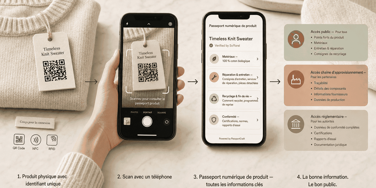 Parcours en quatre étapes : produit physique avec étiquette QR, scan via smartphone, interface du passeport numérique de produit, et trois niveaux d'accès — Public, Chaîne d'approvisionnement, Autorités