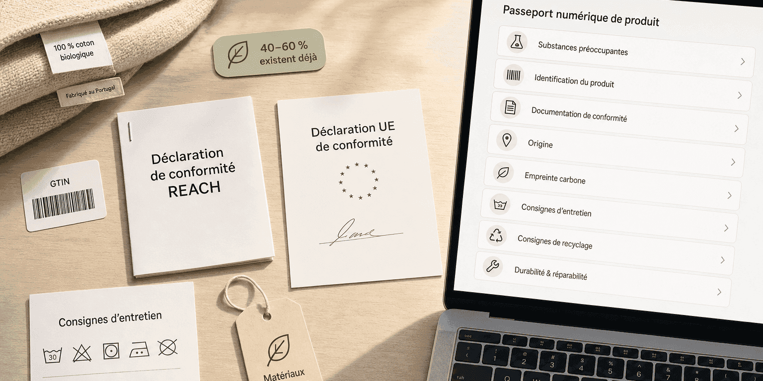 Scène de bureau présentant des documents de conformité existants — déclaration REACH, déclaration UE de conformité, code-barres GTIN, symboles d'entretien ISO 3758 et étiquette « matériaux biologiques » — à côté d'un ordinateur portable affichant le tableau de bord d'un passeport numérique de produit, avec une pastille indiquant « 40–60 % existent déjà »