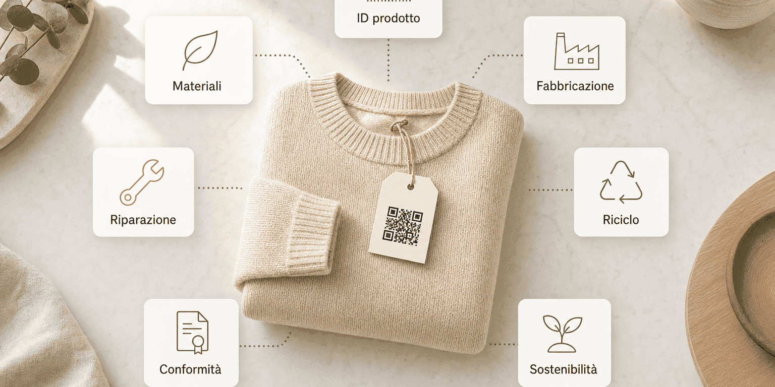 Maglione di maglia color crema piegato su una superficie di marmo con un'etichetta a codice QR, circondato da sette schede etichettate che mostrano le sette categorie di informazione di un passaporto digitale di prodotto