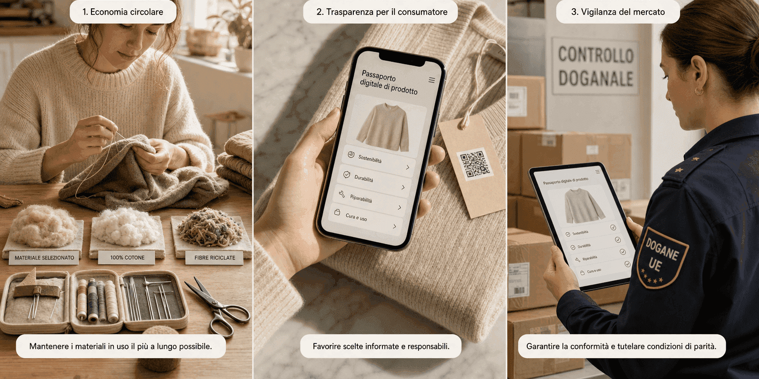 Composizione a tre pannelli che illustra i tre obiettivi del passaporto digitale di prodotto dell'UE — economia circolare con riparazione tessile, trasparenza per il consumatore tramite scansione da smartphone e vigilanza del mercato da parte della dogana UE