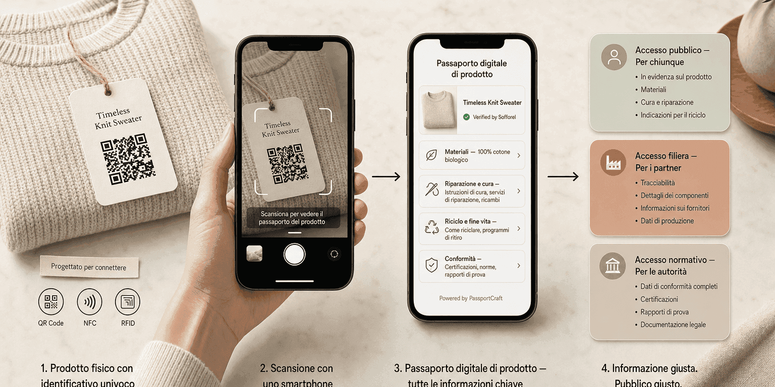 Flusso in quattro fasi: prodotto fisico con etichetta QR, scansione tramite smartphone, interfaccia del passaporto digitale di prodotto e tre livelli di accesso — Pubblico, Catena di fornitura e Autorità
