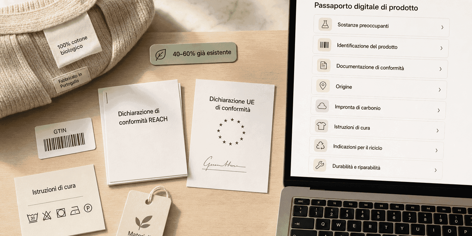 Scena di scrivania con documenti di conformità esistenti — dichiarazione REACH, dichiarazione UE di conformità, codice a barre GTIN, simboli di cura ISO 3758 e un'etichetta di materiali organici — accanto a un laptop che mostra il pannello di un passaporto digitale di prodotto, con un bollino che recita «40–60 % già esistente»