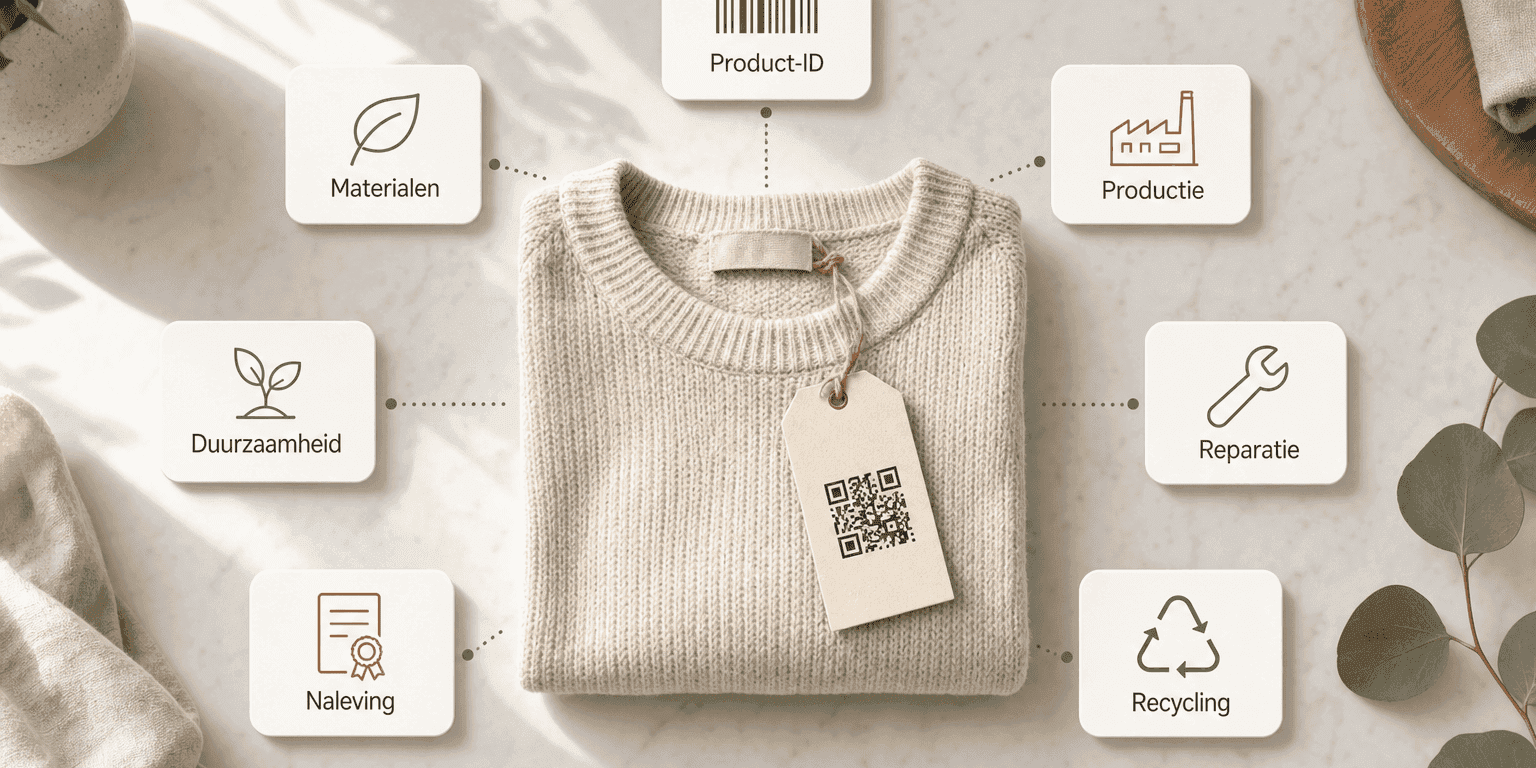 Gevouwen crème gebreide trui op een marmeren oppervlak met een QR-codelabel, omringd door zeven gelabelde kaarten die de zeven informatiecategorieën van een digitaal productpaspoort tonen