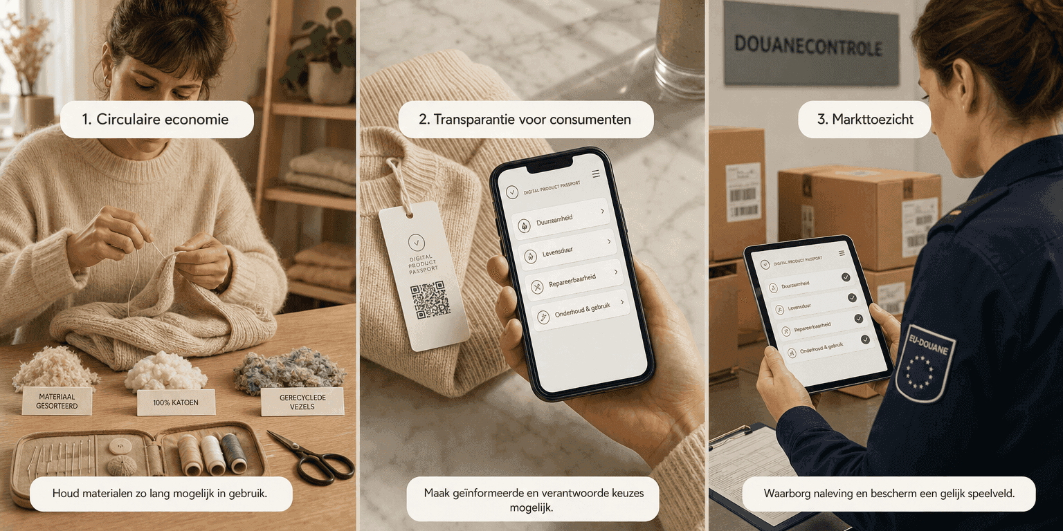 Compositie met drie panelen die de drie doelstellingen van het EU-digitaal productpaspoort illustreert — circulaire economie met textielreparatie, consumententransparantie via smartphone-scan en markttoezicht door de EU-douane