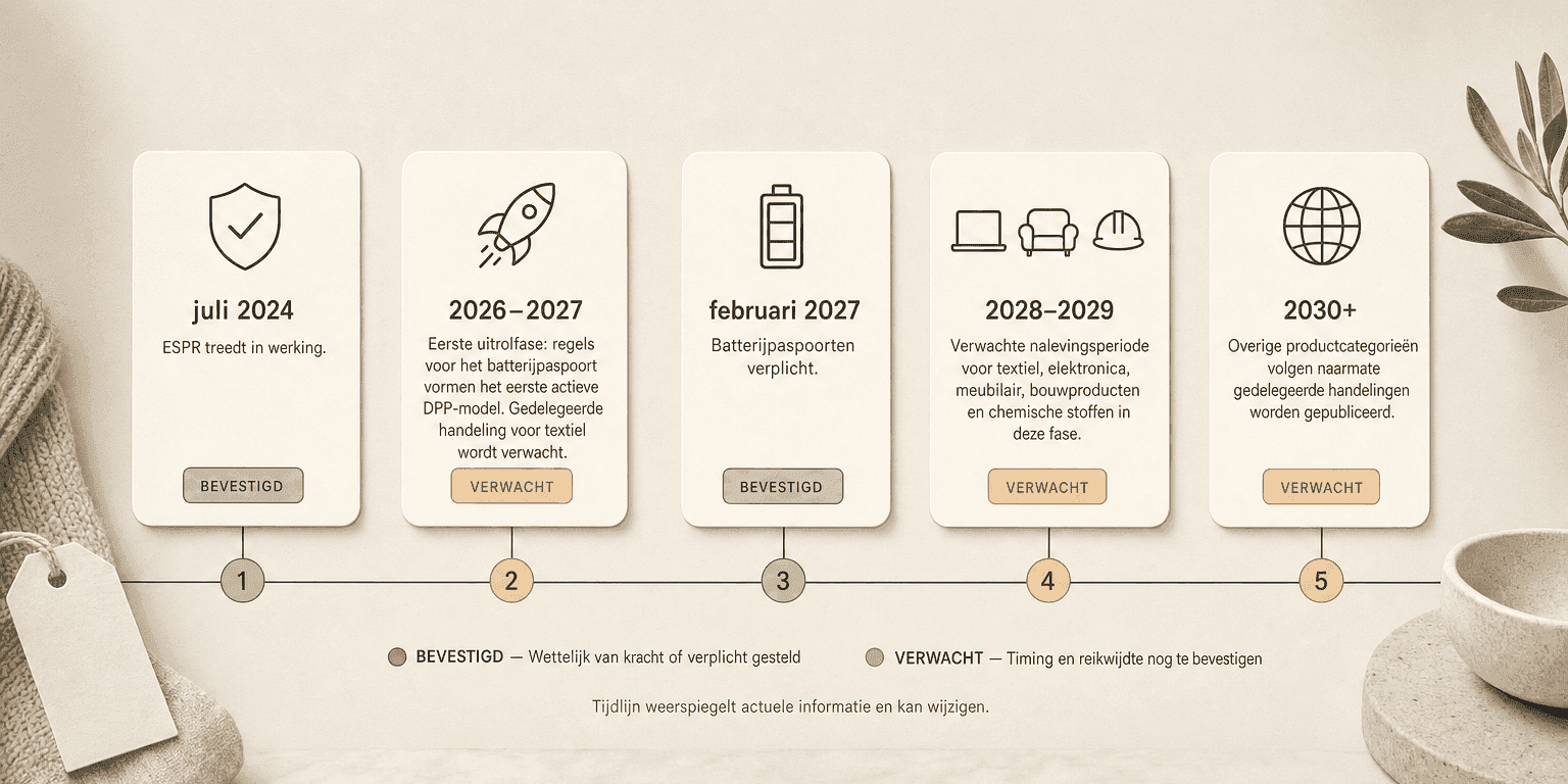 Horizontale tijdlijn met vijf ESPR-mijlpalen voor het digitaal productpaspoort — van juli 2024 tot 2030+ — met BEVESTIGD- en VERWACHT-statuslabels