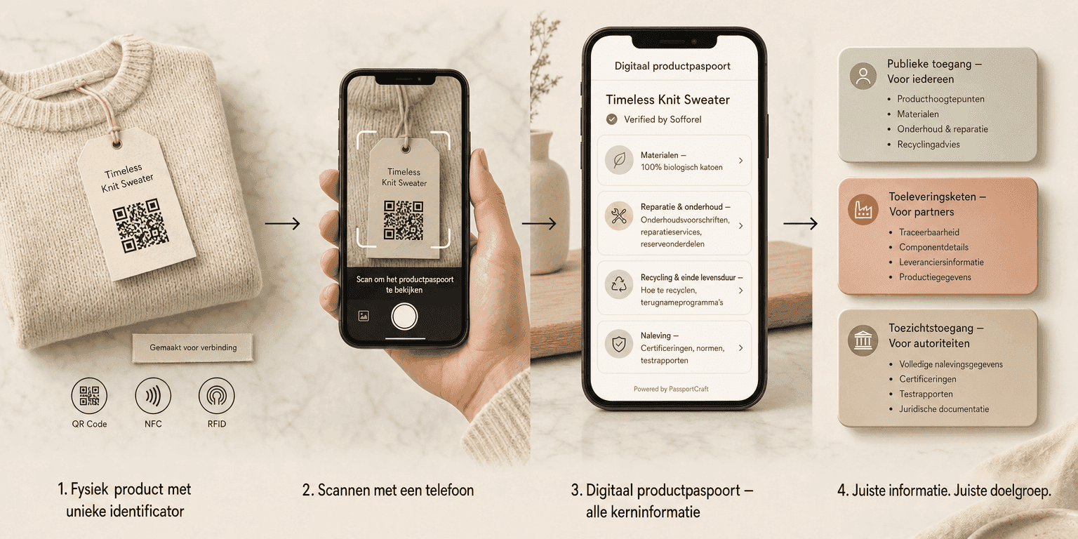Vier-stappenflow van een fysiek product met QR-codelabel, naar smartphone-scan, naar de interface van het digitaal productpaspoort, naar drie toegangsniveaus — Publiek, Toeleveringsketen en Autoriteiten