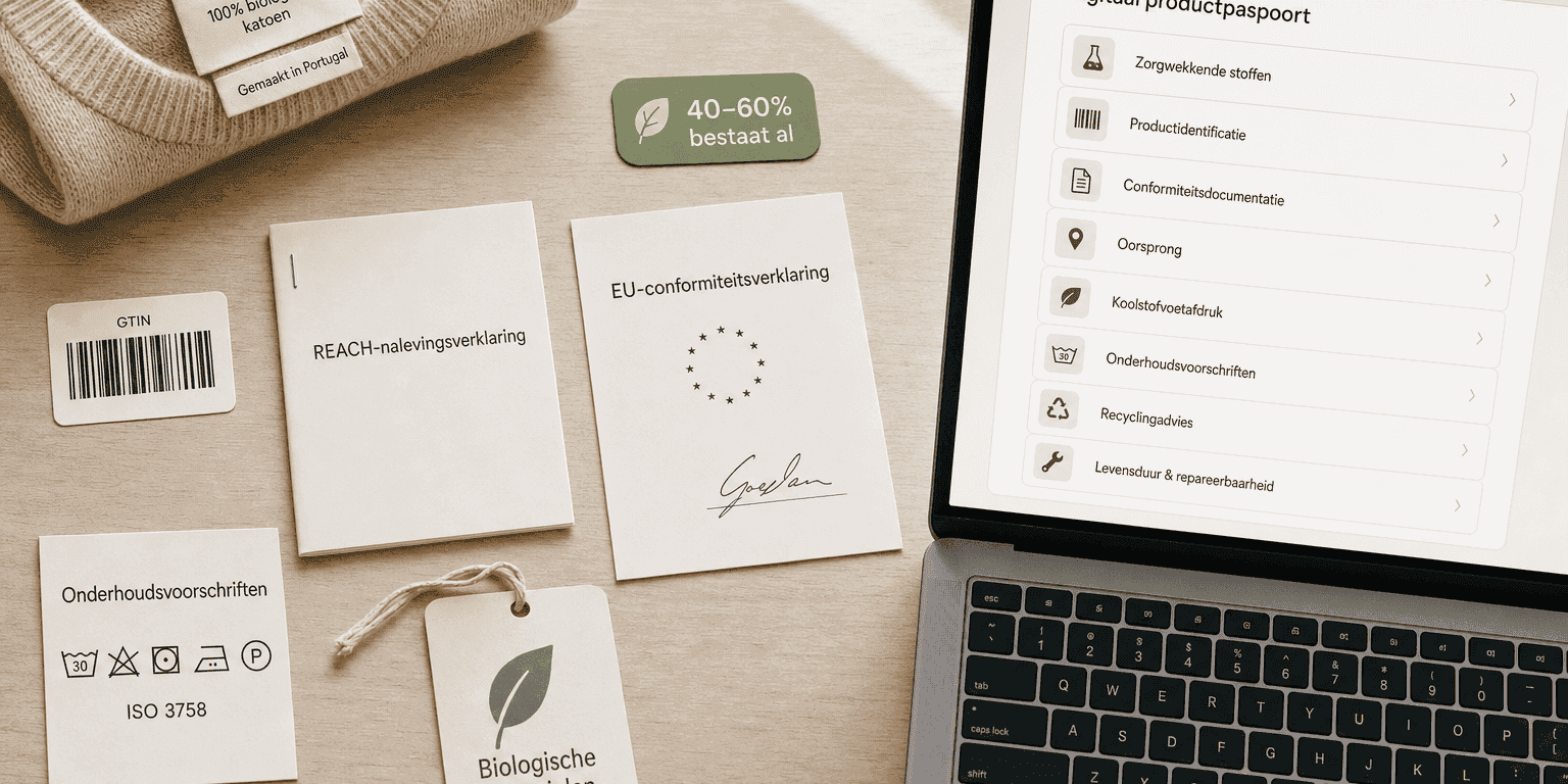 Bureauscène met bestaande conformiteitsdocumenten — REACH-verklaring, EU-conformiteitsverklaring, GTIN-barcode, ISO 3758-onderhoudssymbolen en een biologisch-materialenlabel — naast een laptop met het dashboard van een digitaal productpaspoort en een label met de tekst „40–60 % bestaat al“
