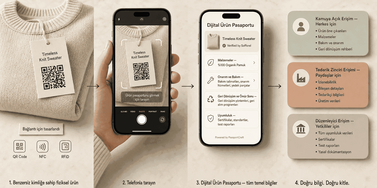 QR kodlu etiketli fiziksel üründen akıllı telefon taramasına, dijital ürün pasaportu arayüzüne ve üç erişim katmanına — Genel, Tedarik Zinciri ve Düzenleyici — uzanan dört adımlı akış