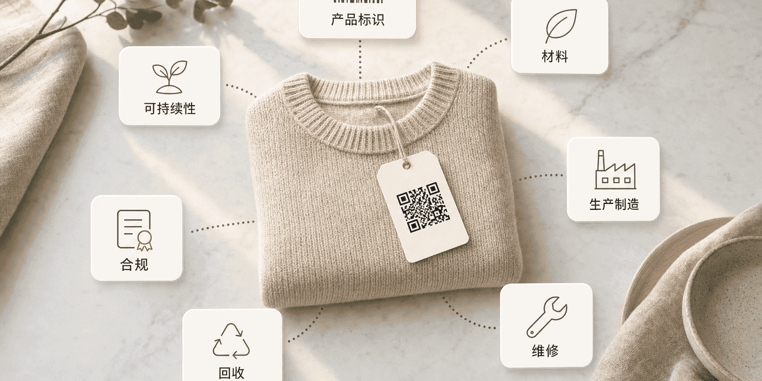 大理石台面上折叠的米色针织毛衣搭配 QR 码吊牌,周围环绕七张标签卡片,展示数字产品护照的七个信息类别
