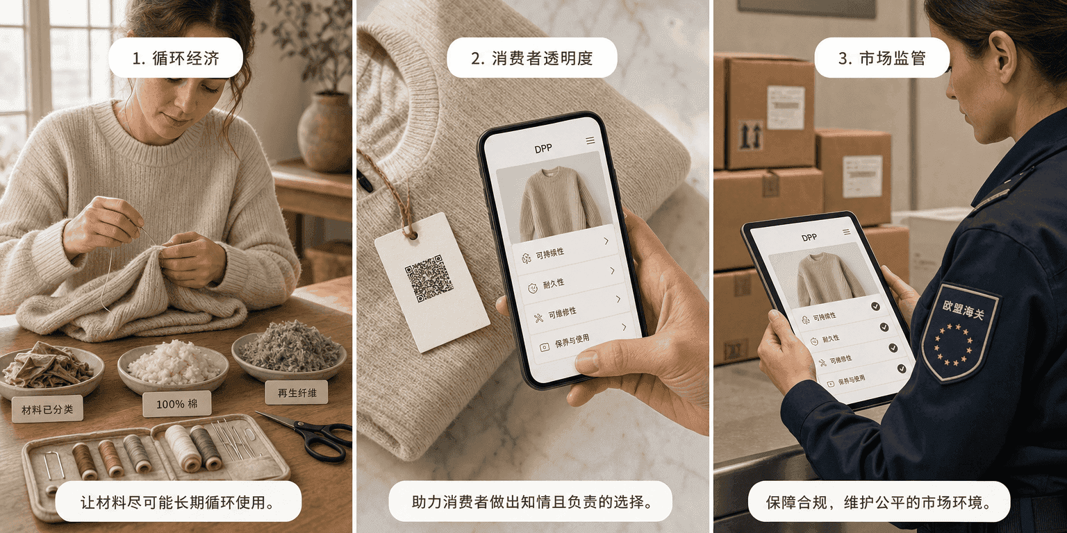 三栏式构图展现欧盟数字产品护照的三大目标——纺织品维修与循环经济、智能手机扫描带来的消费者透明度、欧盟海关执行的市场监管
