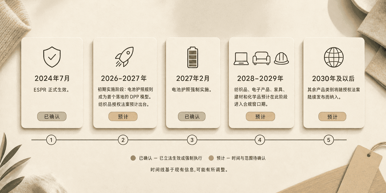 展示 ESPR 数字产品护照五个关键里程碑的横向时间轴——从 2024 年 7 月到 2030 年及以后——附带「已确认」和「预计」状态标签