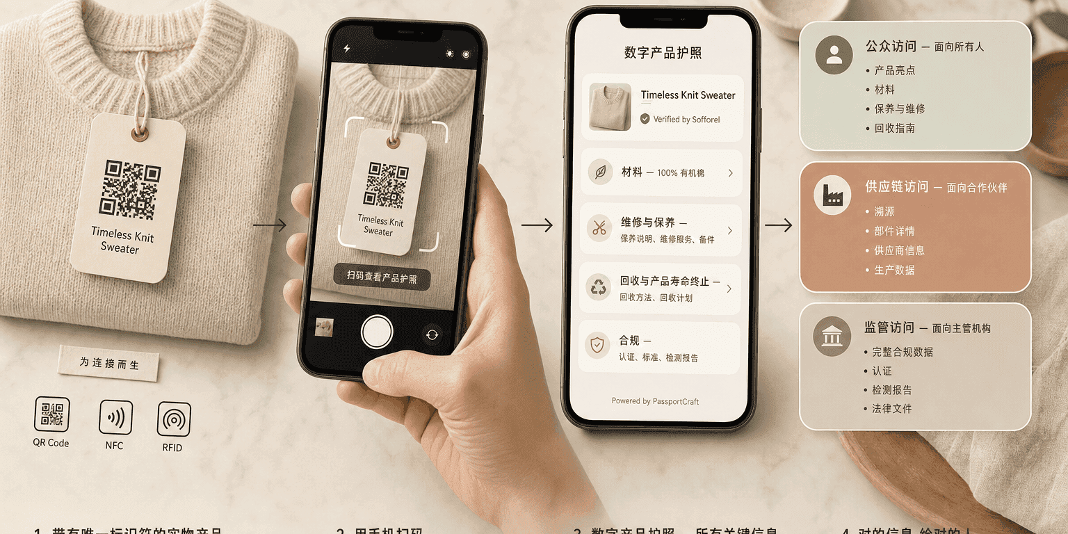 从带 QR 码吊牌的实物产品,到智能手机扫描,再到数字产品护照界面,最后到三种访问层级——公开、供应链、监管的四步流程