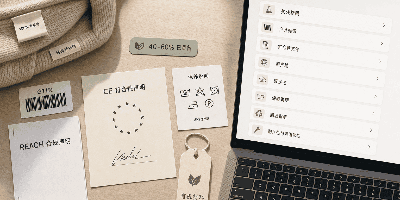 一张桌面场景:展示现有合规文件——REACH 符合性声明、CE 符合性声明、GTIN 条码、ISO 3758 护理符号和有机材料吊牌——以及显示数字产品护照仪表板的笔记本电脑,旁边有一枚徽章写着「40–60% 已具备」