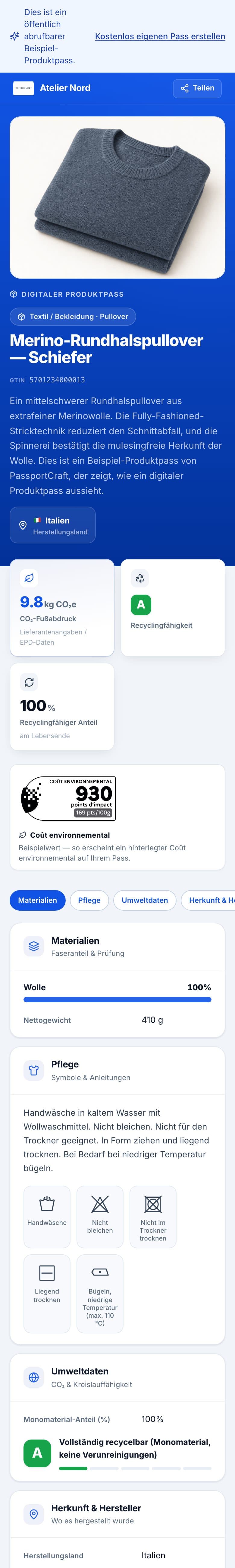 Der Live-Beispielpass auf dem Smartphone: Produktname, GTIN, CO₂-Fußabdruck, Recyclingfähigkeit und recyclingfähiger Anteil.