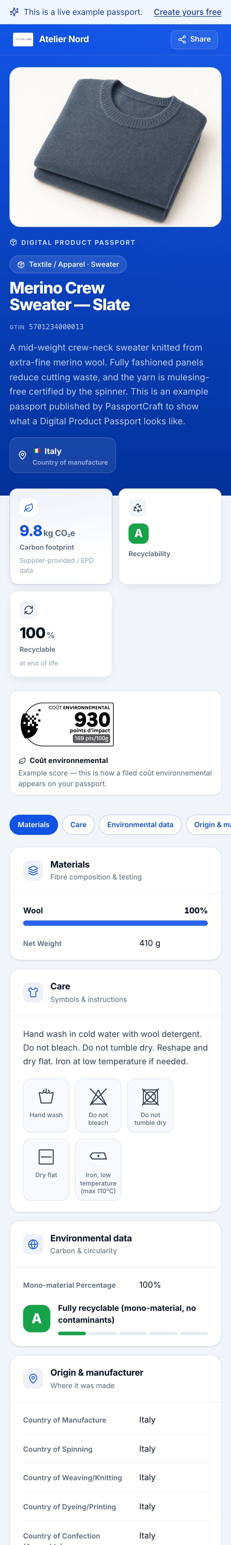The live example Digital Product Passport on a phone: product name, GTIN, carbon footprint, recyclability grade and recyclable content.