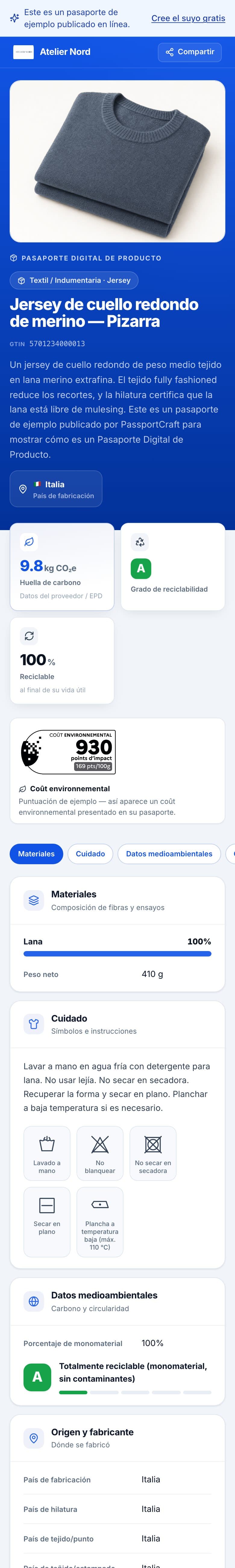 El pasaporte de ejemplo en línea en un teléfono: nombre del producto, GTIN, huella de carbono, reciclabilidad y contenido reciclable.
