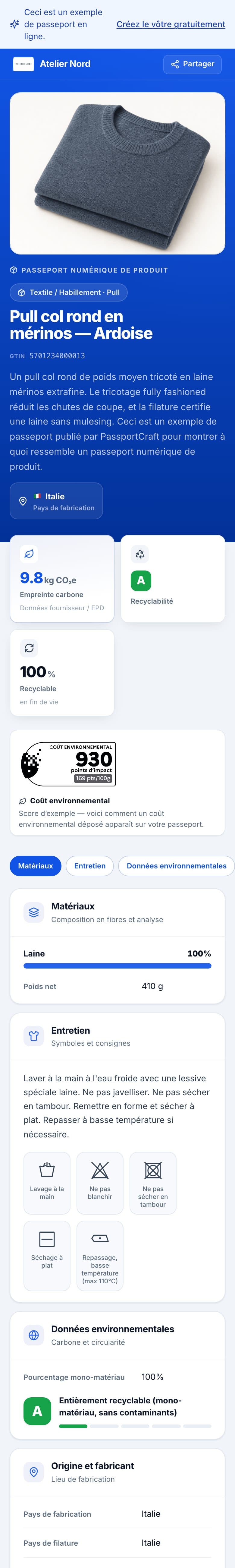 Le passeport d'exemple en ligne sur un téléphone : nom du produit, GTIN, empreinte carbone, recyclabilité et part recyclable.