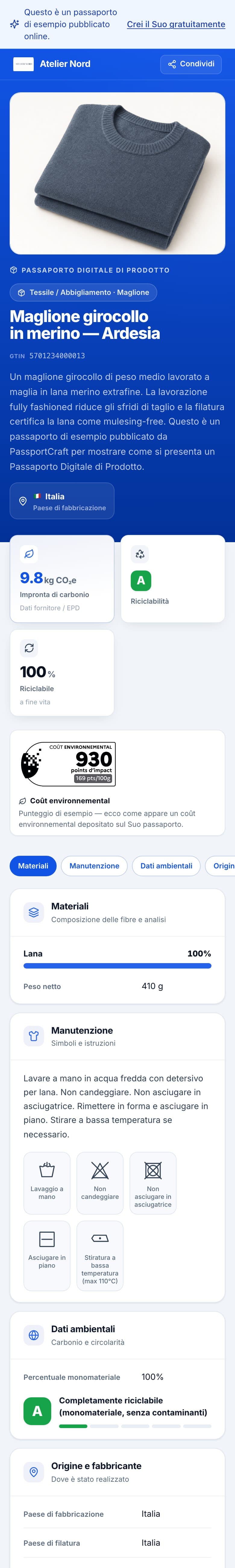 Il passaporto di esempio online su uno smartphone: nome del prodotto, GTIN, impronta di carbonio, riciclabilità e quota riciclabile.