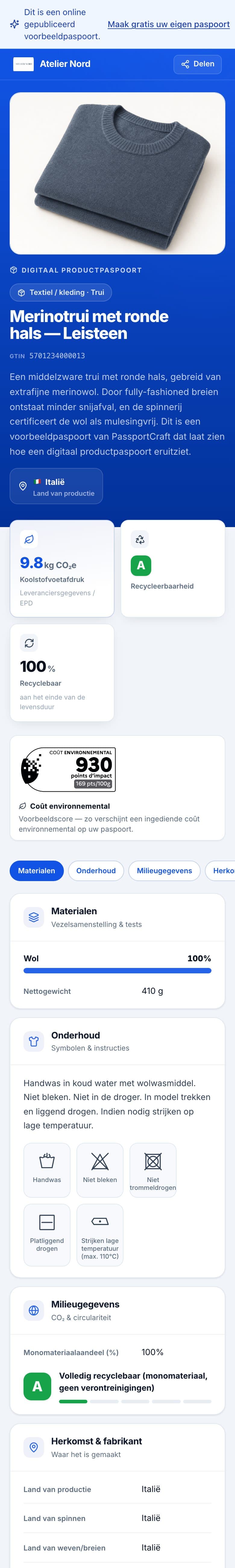 Het online voorbeeldpaspoort op een telefoon: productnaam, GTIN, CO₂-voetafdruk, recyclebaarheid en recyclebaar aandeel.