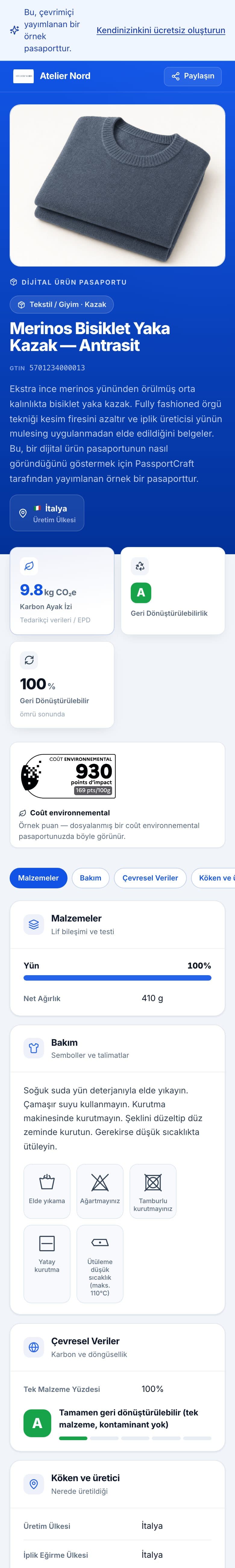 Telefonda çevrimiçi örnek pasaport: ürün adı, GTIN, karbon ayak izi, geri dönüştürülebilirlik ve geri dönüştürülebilir oran.