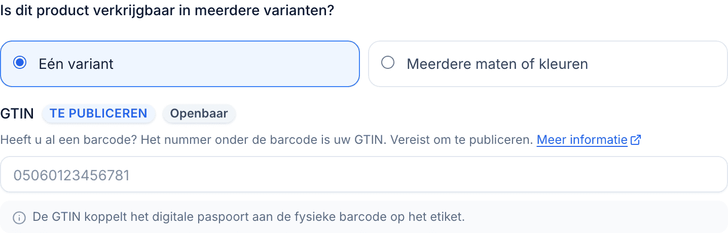 De barcodevraag bij Productbasis met Eén variant geselecteerd, Meerdere maten of kleuren ernaast, en het GTIN-veld eronder.