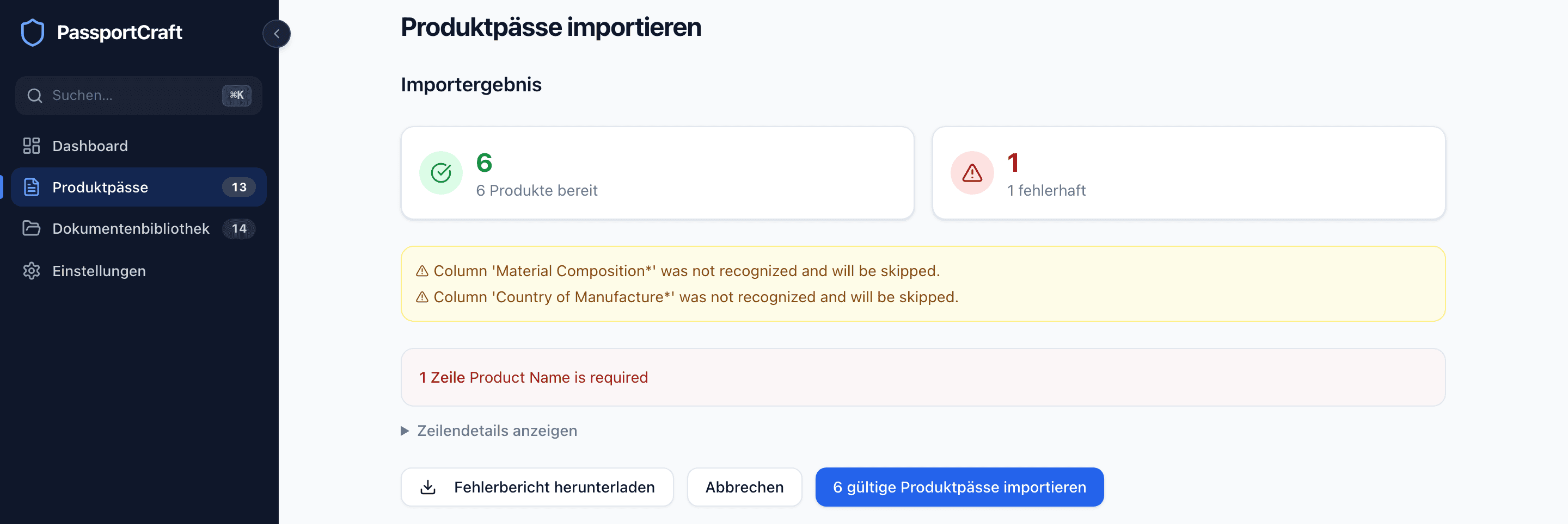 Der Bildschirm Importergebnisse mit 5 bereiten Produkten, 2 mit Fehlern, den konkreten Fehlermeldungen sowie den Schaltflächen Fehlerbericht herunterladen und 5 gültige Produktpässe importieren.