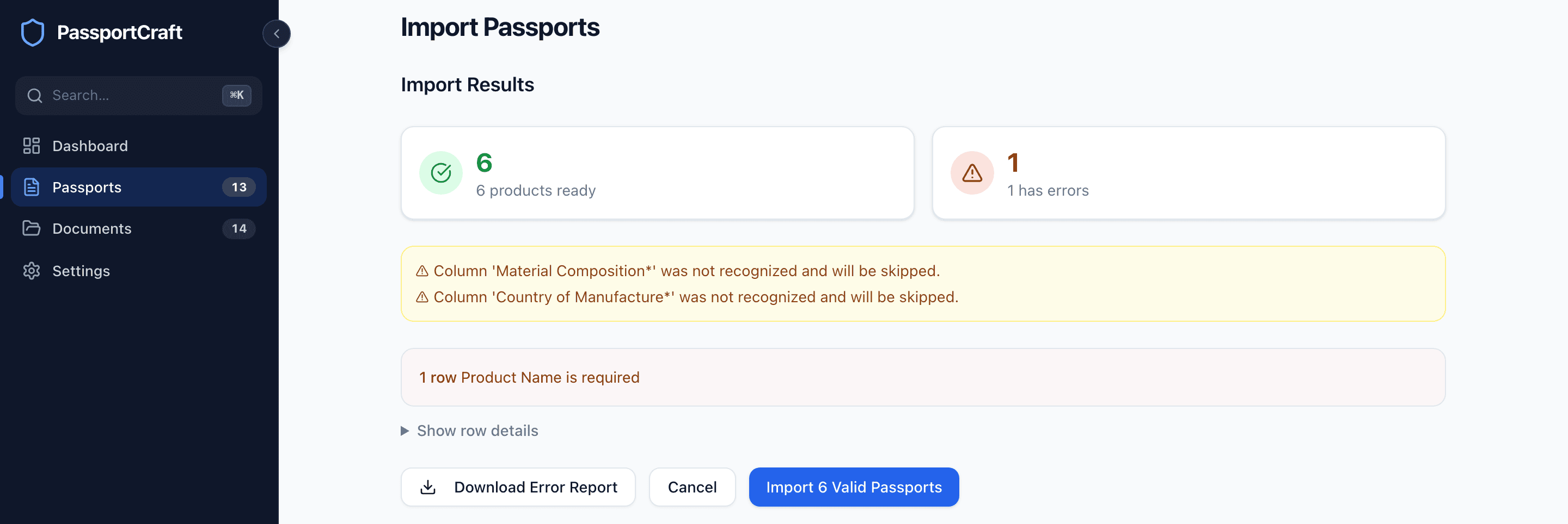 The Import Results screen showing 5 products ready, 2 with errors, the specific error messages, and Download Error Report and Import 5 Valid Passports buttons.