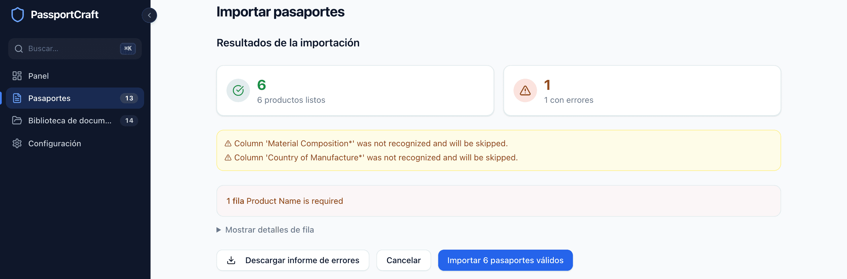 La pantalla Resultados de la importación mostrando 5 productos listos, 2 con errores, los mensajes de error concretos y los botones Descargar informe de errores e Importar 5 pasaportes válidos.