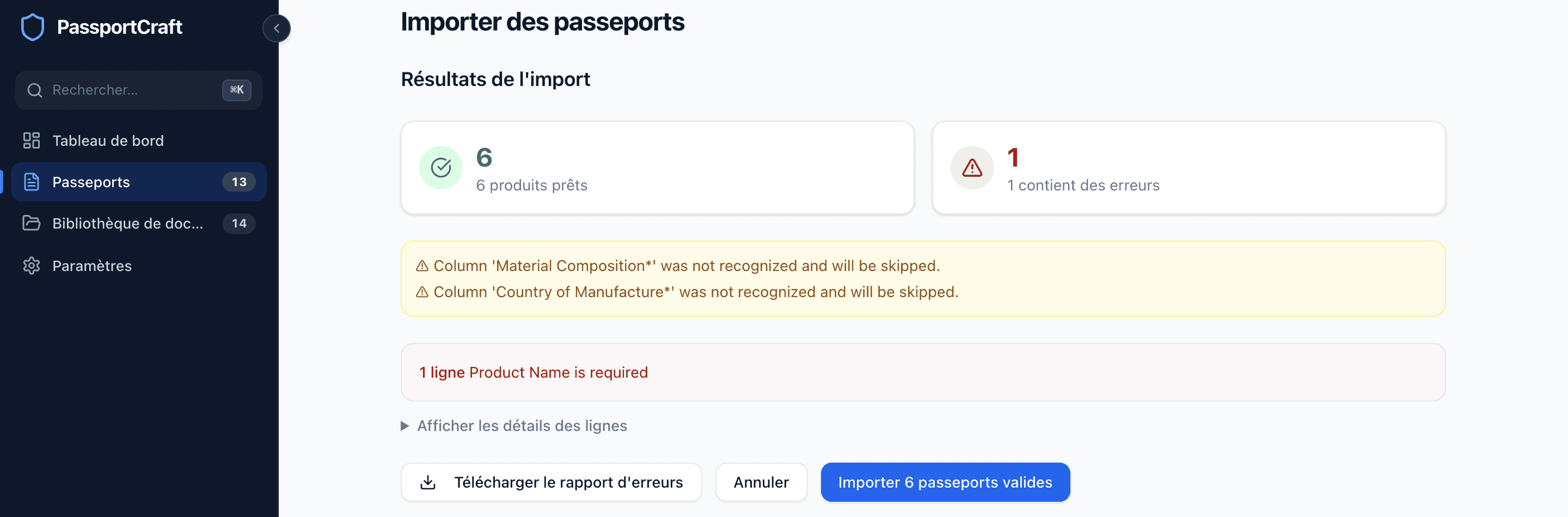 L'écran Résultats de l'import affichant 5 produits prêts, 2 contenant des erreurs, les messages d'erreur précis, ainsi que les boutons Télécharger le rapport d'erreurs et Importer 5 passeports valides.