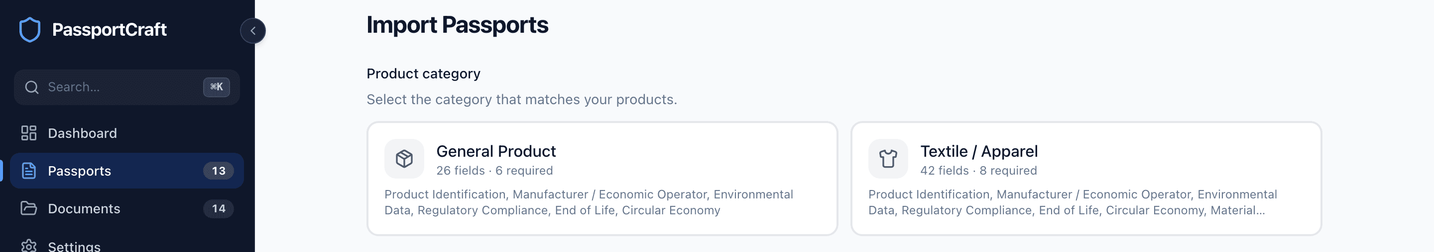 The import screen with Textile / Apparel selected, the CSV drop zone, and the expanded template helper showing three download buttons.