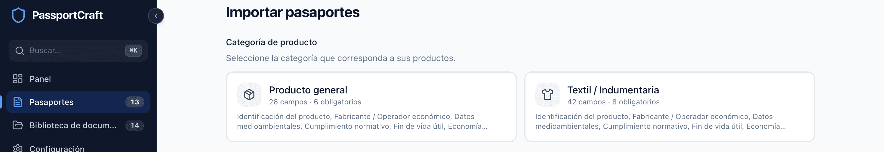 La pantalla de importación con Textil / Confección seleccionado, la zona para soltar el CSV y el panel de ayuda de plantillas desplegado con tres botones de descarga.