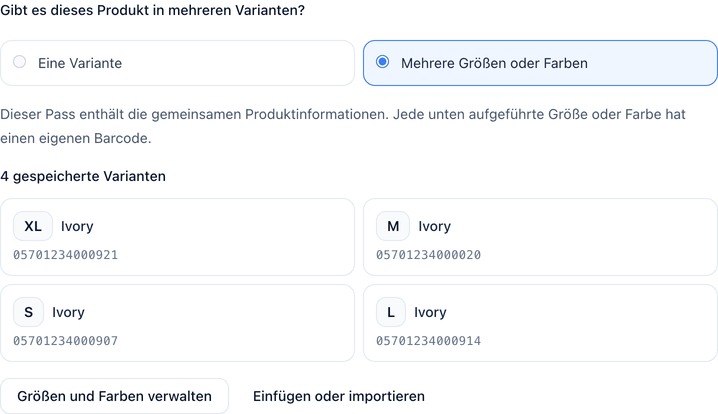 Produktgrundlagen nach dem Zuordnen des ersten Barcodes: der Hinweis auf die gemeinsamen Produktinformationen, vier gespeicherte Varianten als gleichrangige Karten und die Schaltfläche Größen und Farben verwalten.