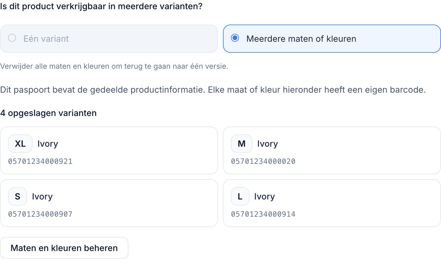 Productbasis voor een product met vier maten: Eén variant grijs weergegeven boven de melding Verwijder alle maten en kleuren om terug te gaan naar één versie, de melding over de gedeelde informatie, vier opgeslagen varianten als gelijkwaardige kaarten, en de knop Maten en kleuren beheren.