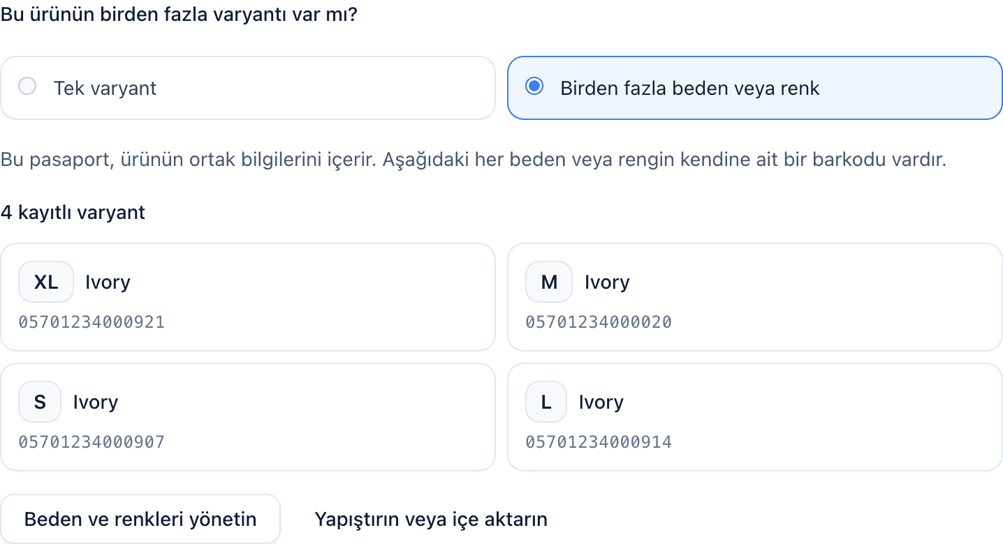 İlk barkod tanımlandıktan sonra Ürün temelleri: ortak bilgi notu, eşit kartlar hâlinde dört kayıtlı varyant ve Beden ve renkleri yönetin düğmesi.