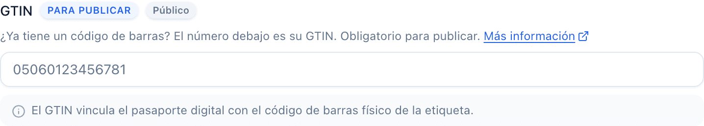 El campo GTIN con una etiqueta azul Para publicar junto a su nombre, además de una etiqueta Público y texto de ayuda.